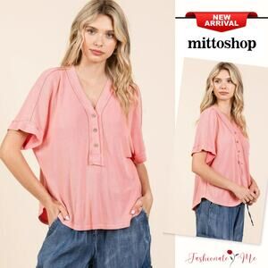 Mittoshop Mineral Wash Henley Short Sleeves Buttoned Waffle Knit Top | Lt Coral